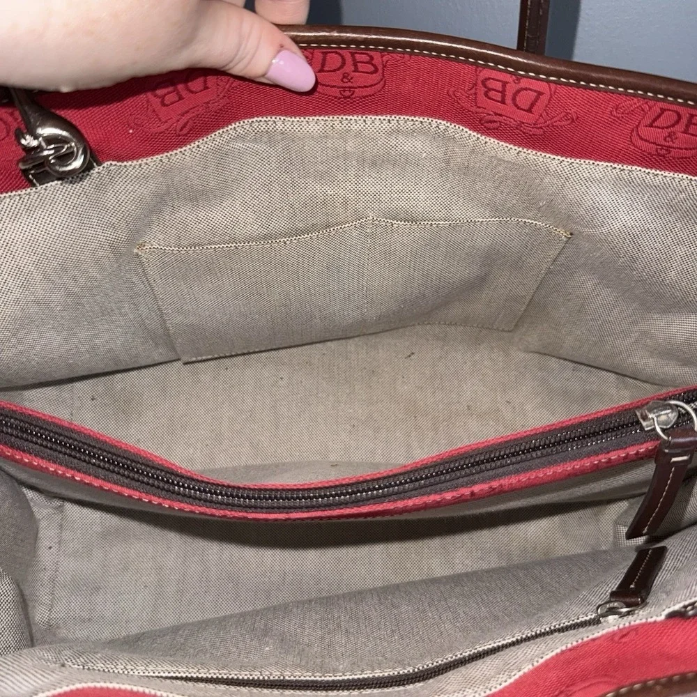 DOONEY & BOURKE Red Canvas & Brown Leather DB Signature Tote Satchel Bag Purse